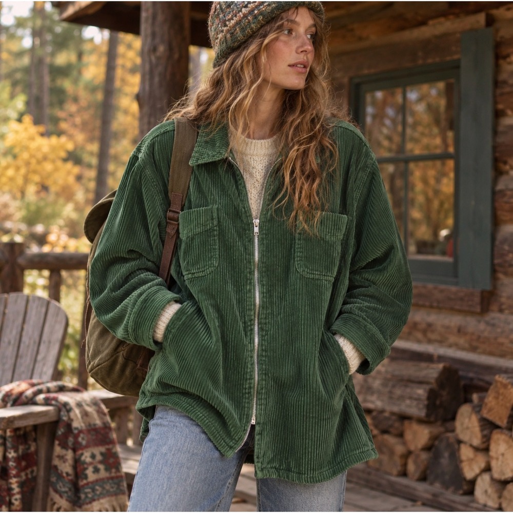 Vintage Medium Shacket Wide Wale Corduroy Olive Green 90s Y2K Grunge Utility